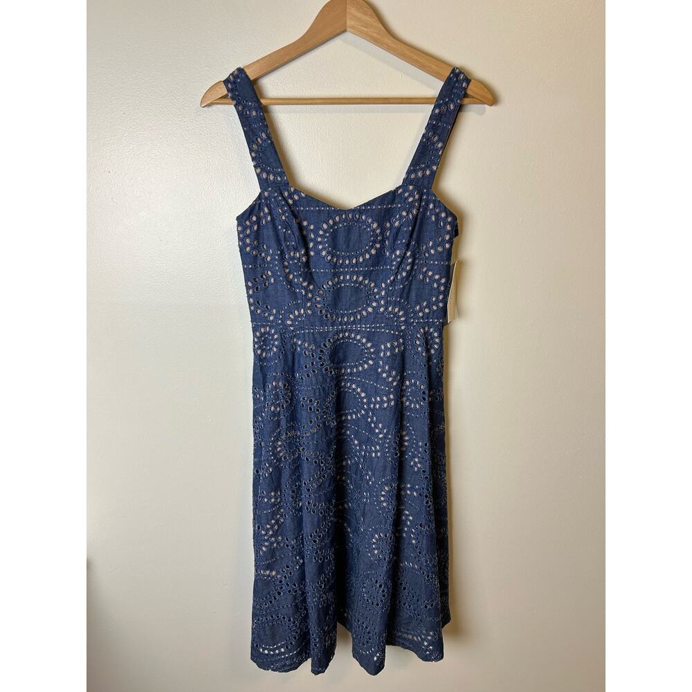 Shoshanna Womens Denim Knee Length Dress Embroidered Eyelet Blue Size 2‎